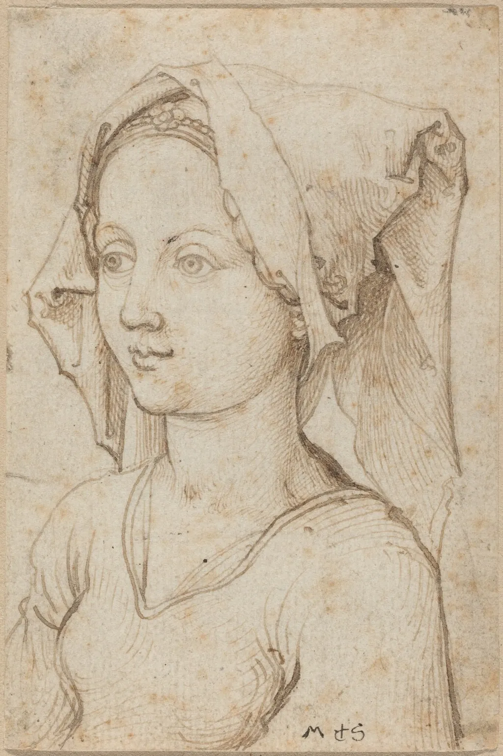 Young Woman Wearing a Scarf, by Martin Schongauer, ink, 1450