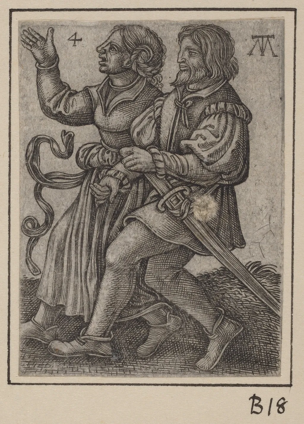 Dancing Couple, Facing Left, by Martin Treu, ink, 1540