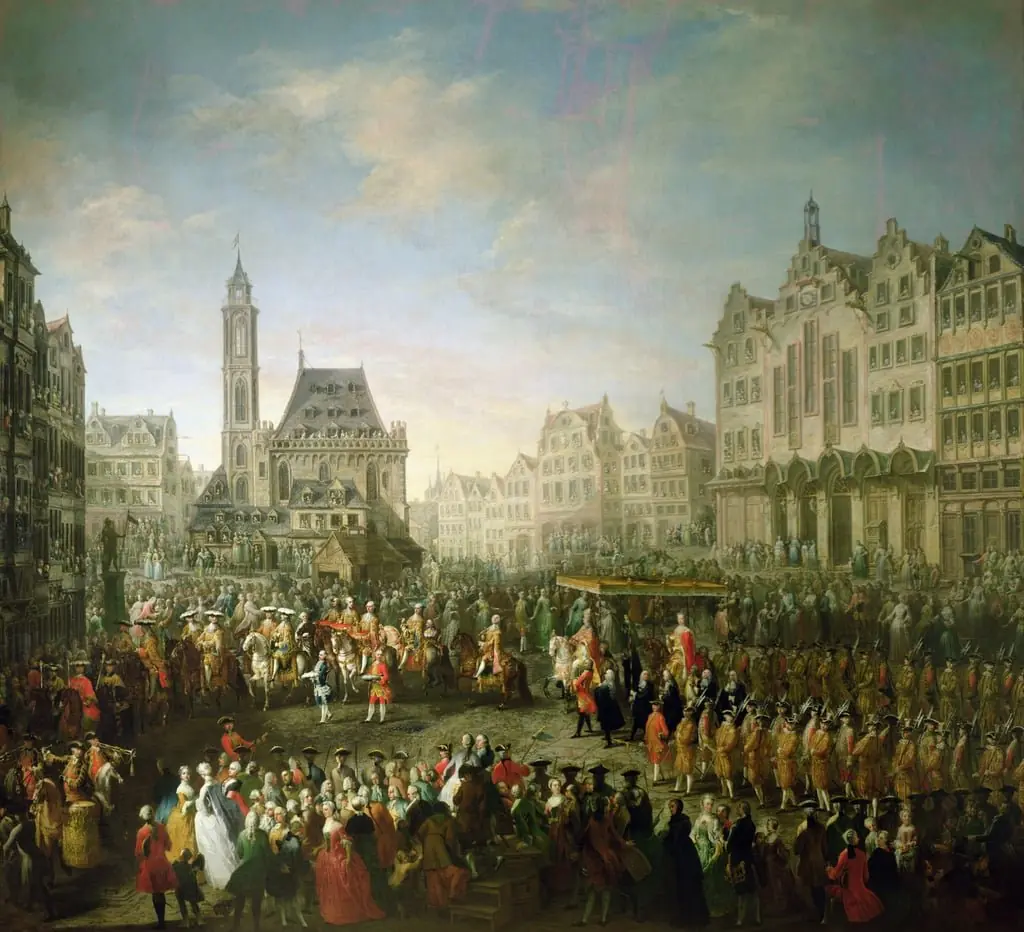 The coronation procession of Joseph II at the Römerberg in Frankfurt am Main, by Martin van Meytens