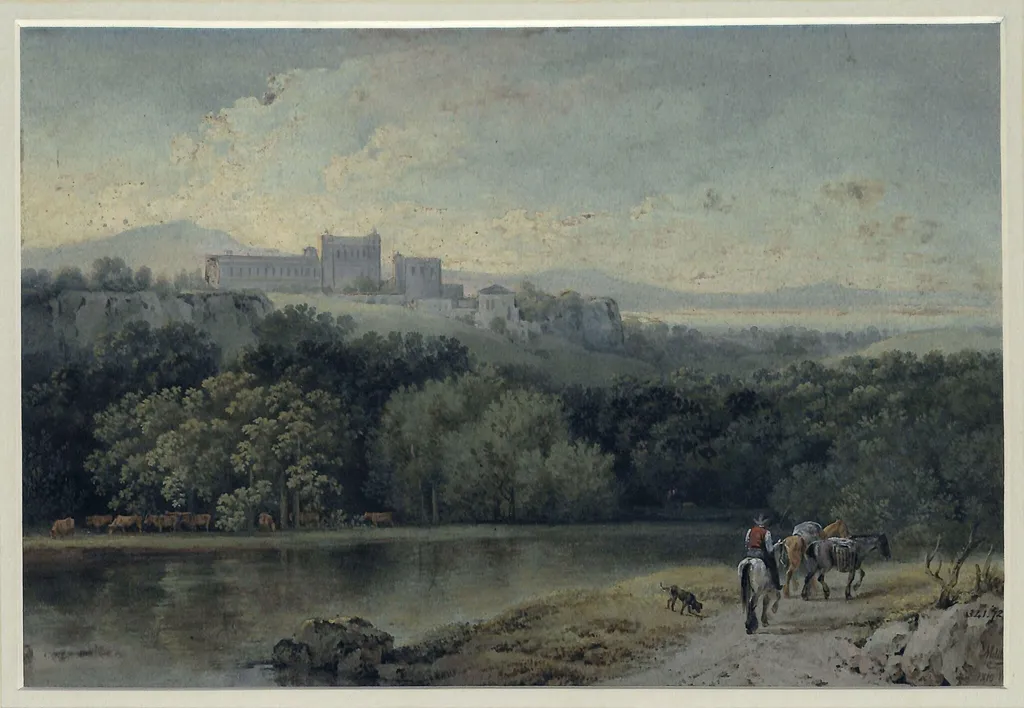View across a river with a castle or monastery on the hill, by Martin von Molitor, watercolor