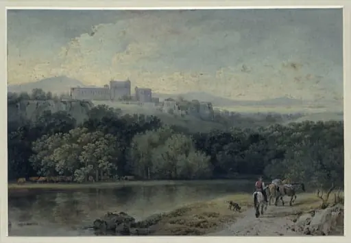 View across a river with a castle or monastery on the hill, by Martin von Molitor