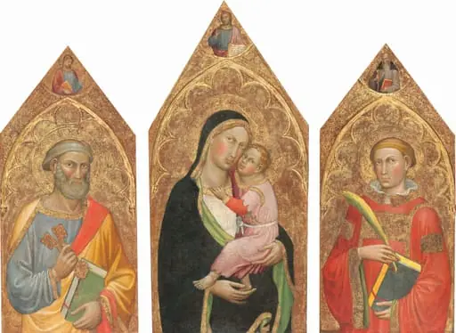 Madonna and Child with the Blessing Christ, and Saints Peter, James Major, Anthony Abbott, and a Deacon Saint [entire triptych], by Martino di Bartolomeo