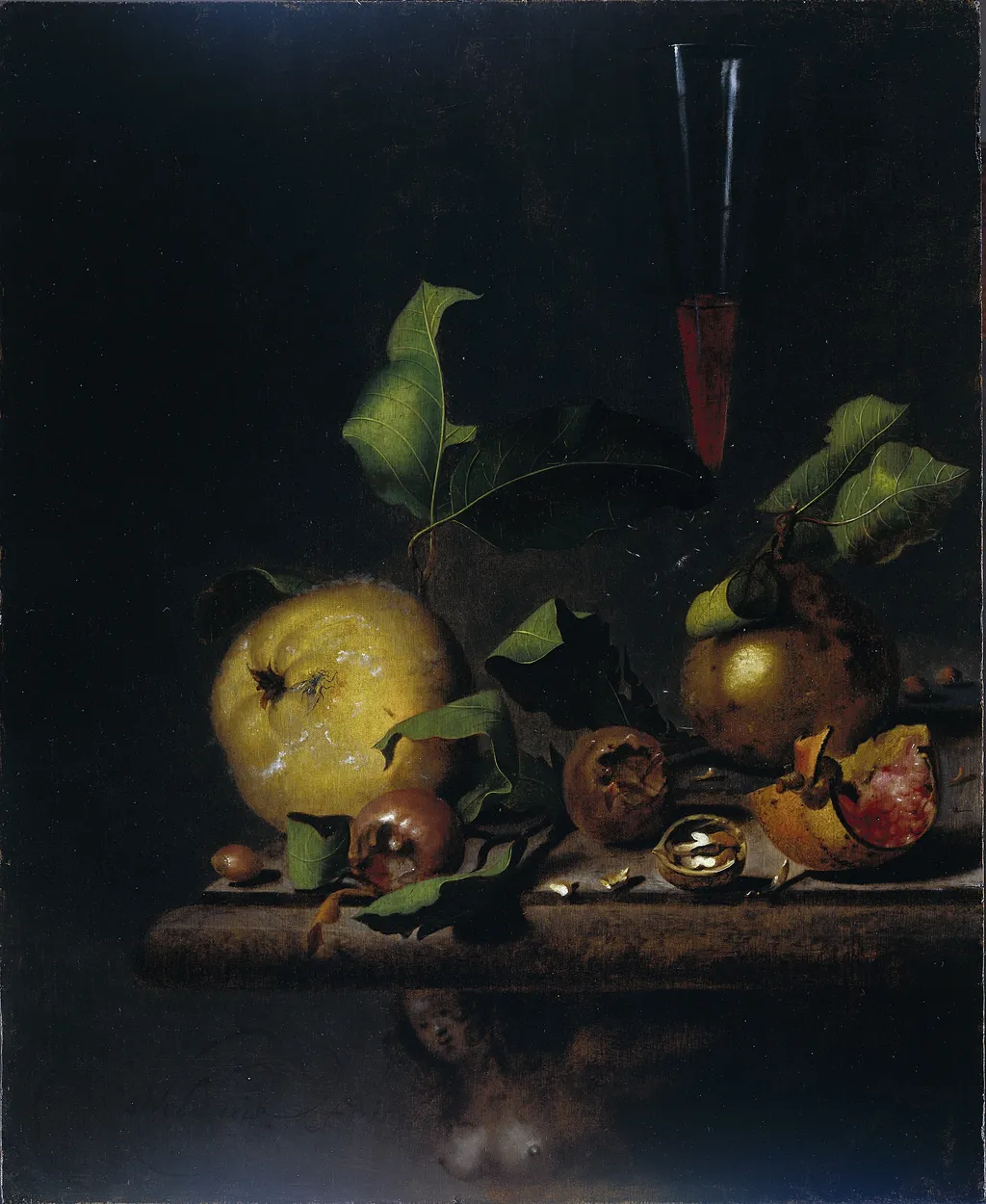 Still Life with Quinces, Medlars and a Glass, by Martinus Nellius, oil, 1698