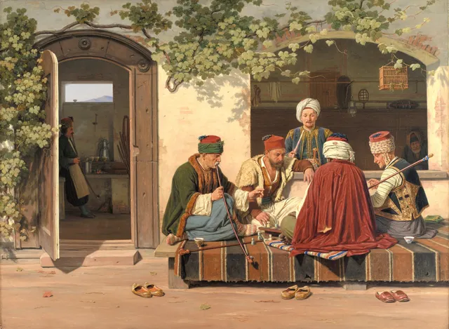 A party of chess players outside a Turkish coffeehouse and barbershop