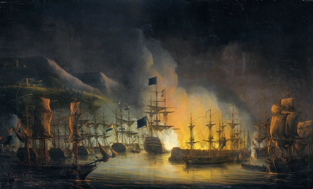 Bombardment of Algiers, in Support of the Ultimatum to Release White Slaves, 26-27 August 1816, by Martinus Schouman, oil, 1823
