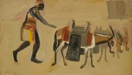 Donkeys and a donkey keeper, by Martiros Saryan