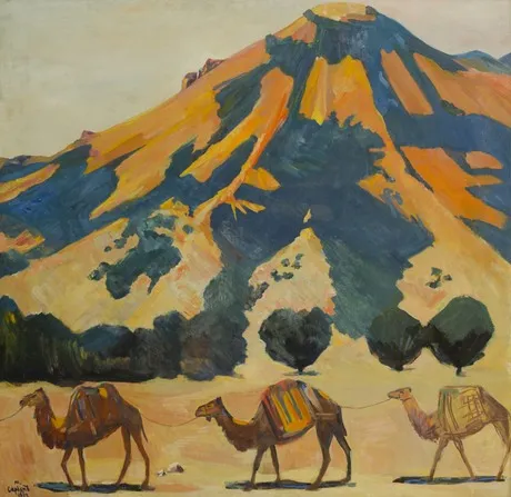 Mountain and passing camels, by Martiros Saryan, oil, 1912