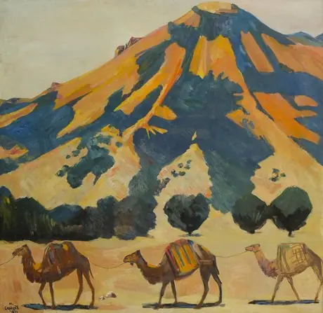 Mountain and passing camels, by Martiros Saryan