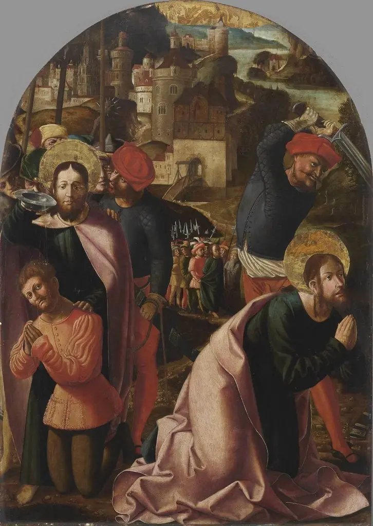 Jakobus-Stephanus-Altar: Der hl. Jakobus tauft Josias und Hinrichtung des Jakobus, by Marx Reichlich