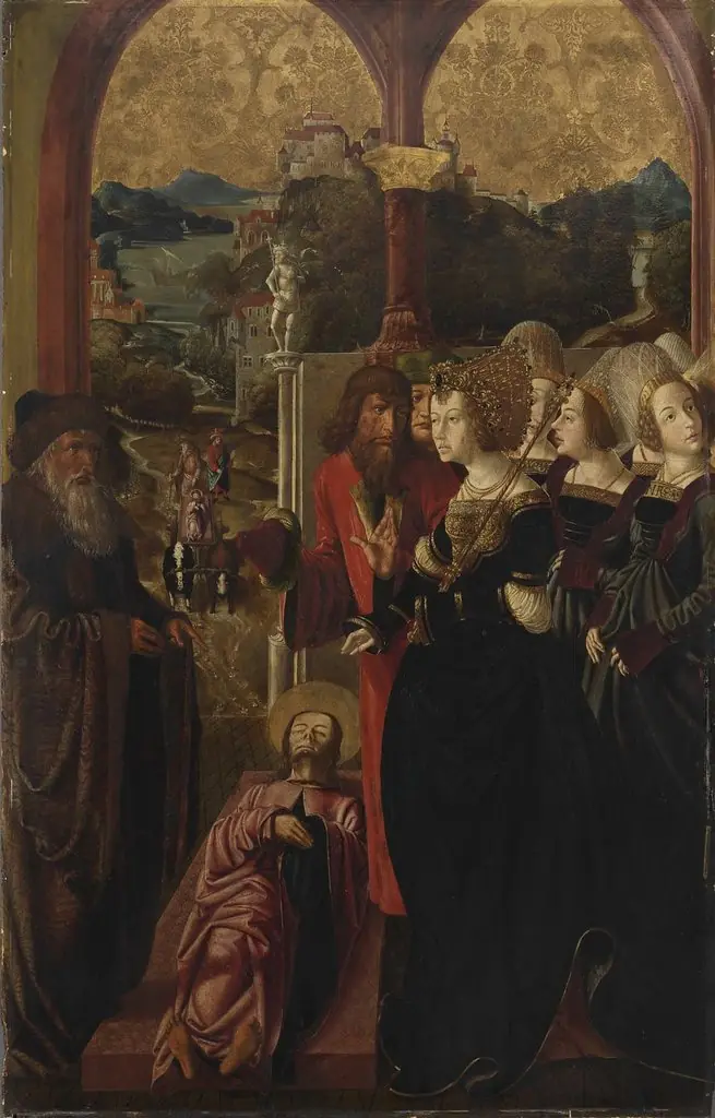 Jakobus-Stephanus-Altar: Der Leichnam des Jakobus wird vor Königin Lupa gebracht, by Marx Reichlich