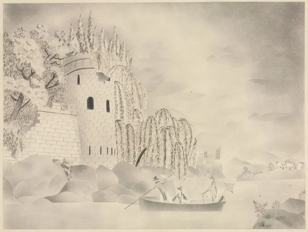 The Lonely Tower (Castle on a River with Willows and a Boat), by Mary Altha Nims, 1804