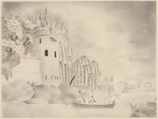 The Lonely Tower (Castle on a River with Willows and a Boat), by Mary Altha Nims