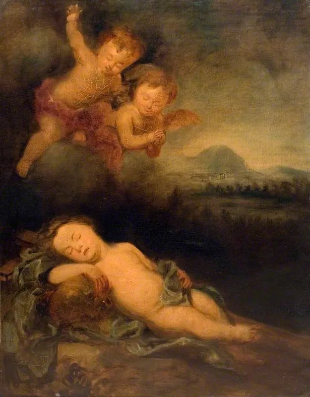 The Infant Christ Asleep on the Cross (after Bartolomé Esteban Murillo), by Mary Baker, oil, 1858