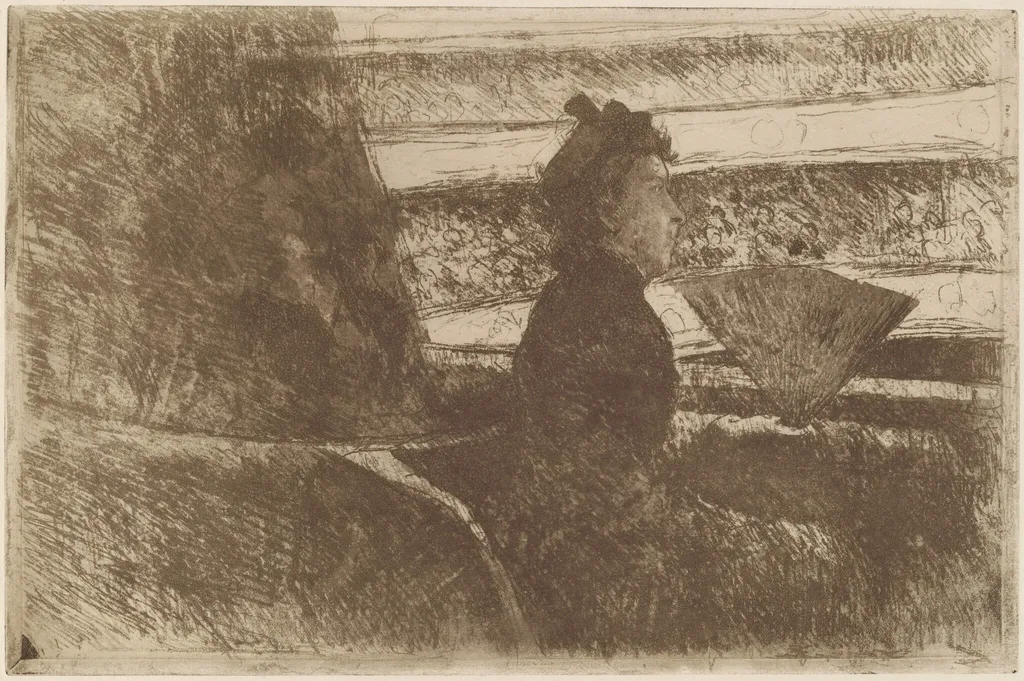 Lady in Black, in a Loge, Facing Right, by Mary Cassatt, ink, 1880