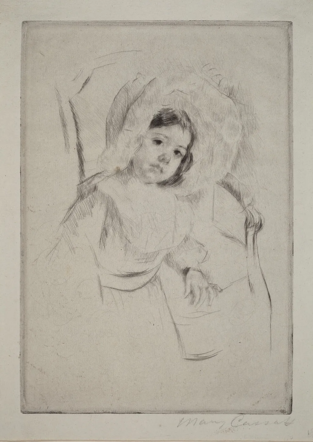 Margot in a Floppy Bonnet Leaning against a Chair, by Mary Cassatt, ink, 1902