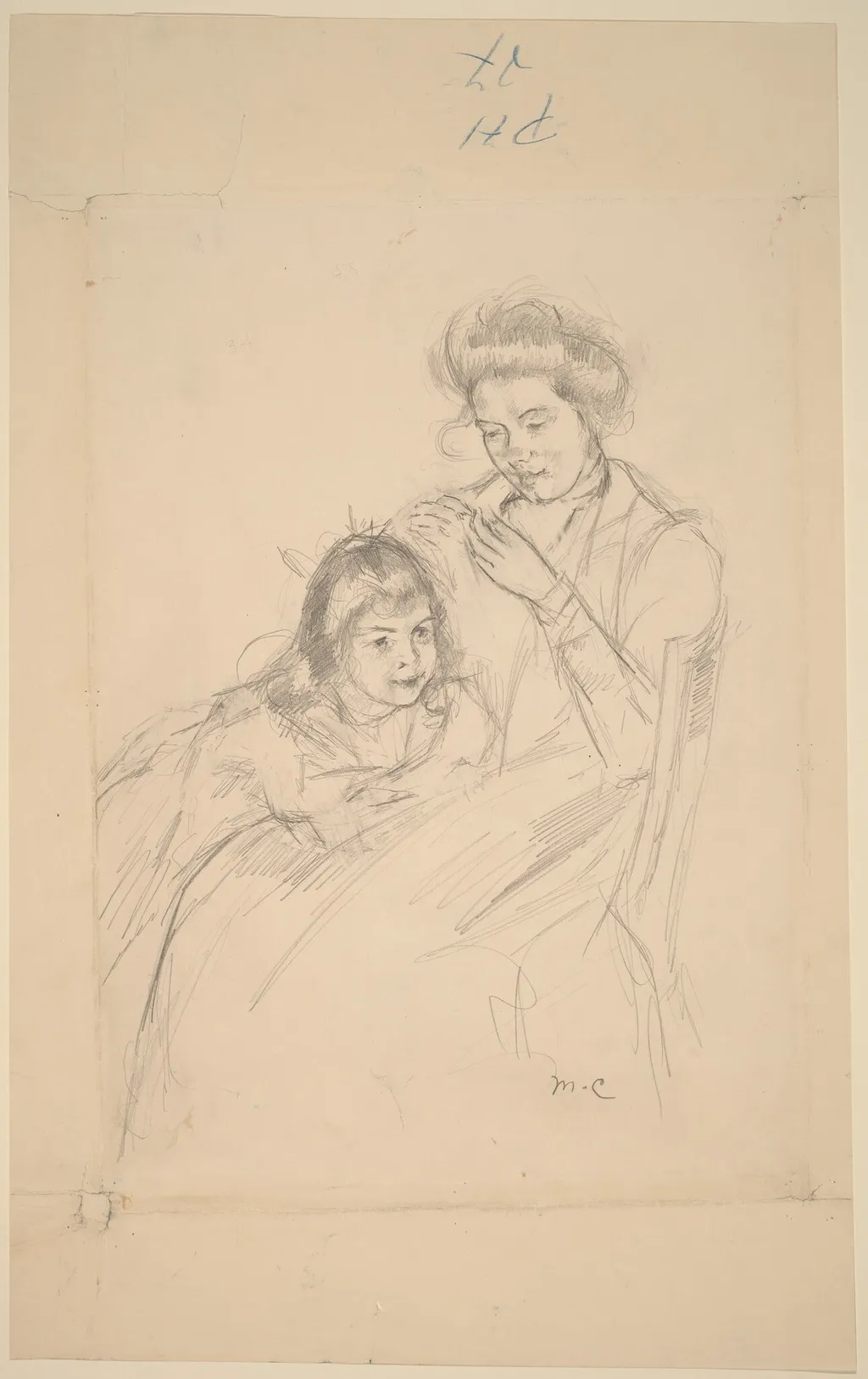 Margot Leaning against Reine's Knee, by Mary Cassatt, graphite, 1902