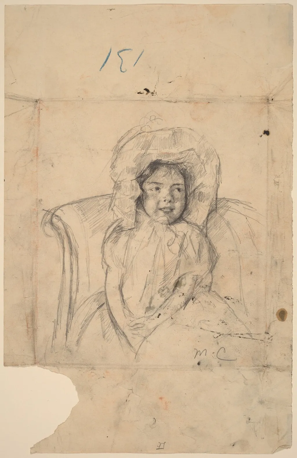 Smiling Margot Wearing a Ruffled Bonnet, by Mary Cassatt, graphite, 1902