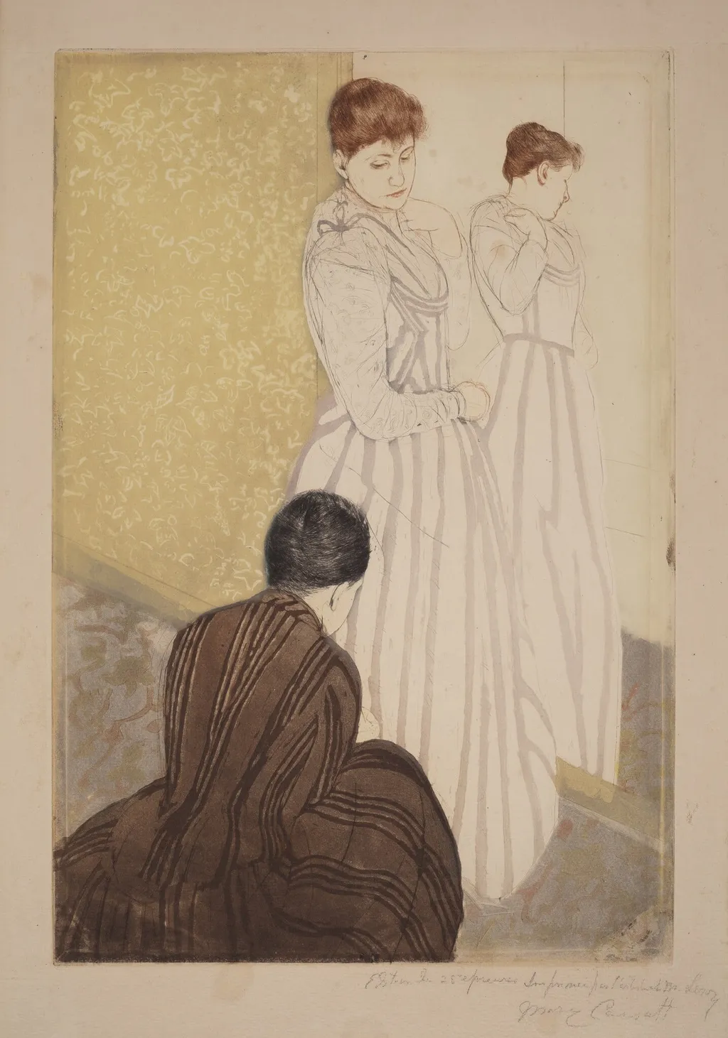 The Fitting, by Mary Cassatt, ink, 1890