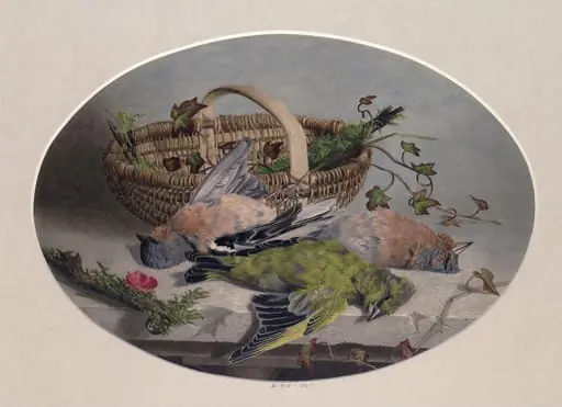 Still life of a basket with ivy and dead birds, by Mary Elizabeth Rosenberg-Duffield