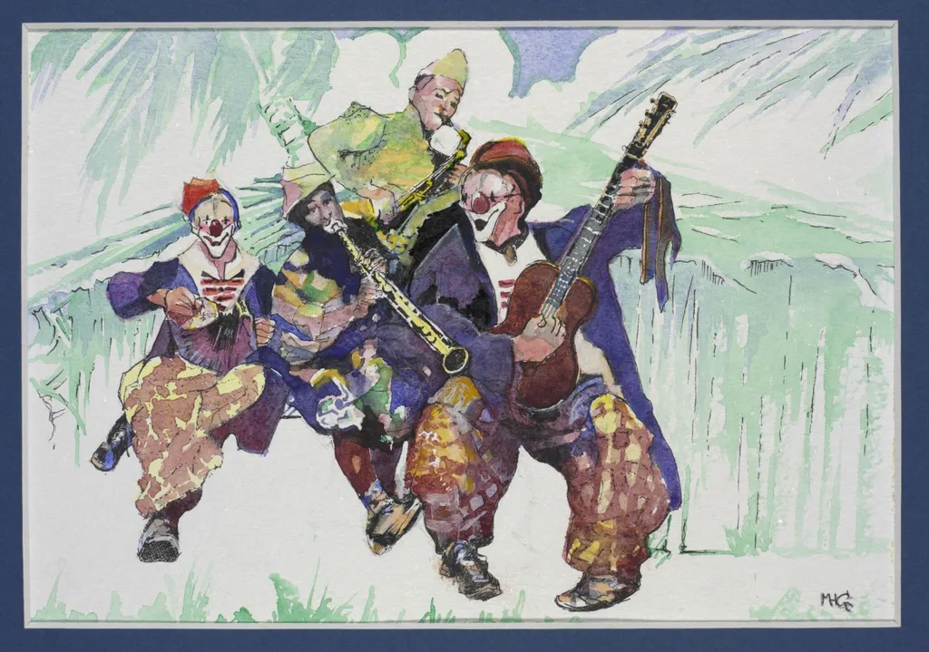 Chocolate & Company, The Rastelli Clowns, appearing as a speciality act in the pantomime Robinson Crusoe, Bristol Hippodrome, 1969., by Mary Hardy Grierson, paint, 2001