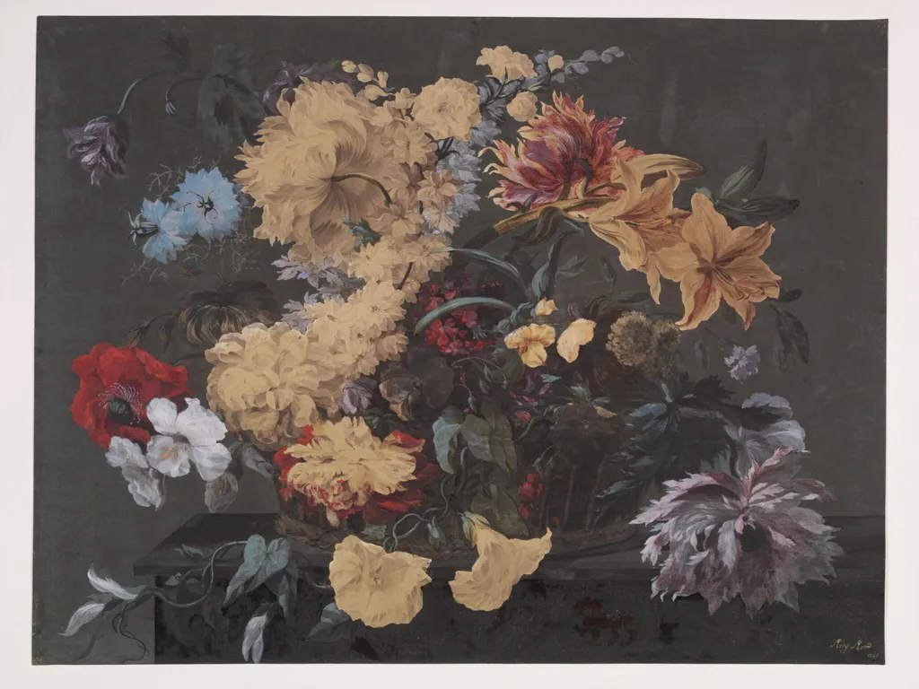 Flowers in a basket, by Mary RA Moser, watercolor, 1765