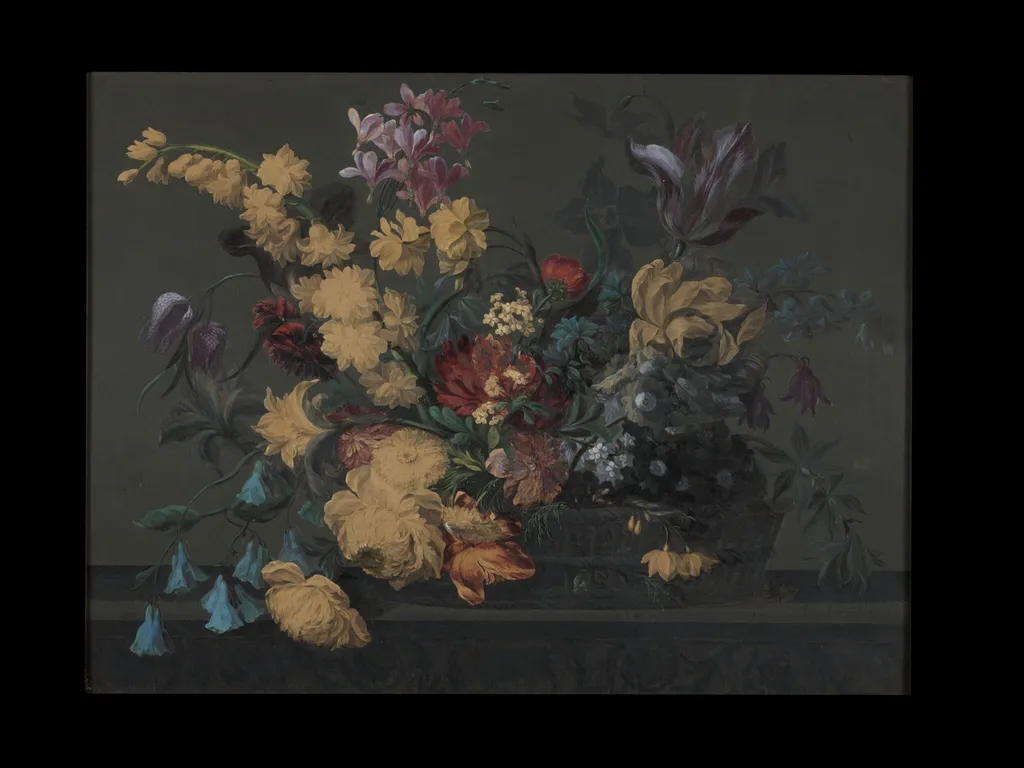 Spring flowers in a basket, by Mary RA Moser, watercolor, 1767
