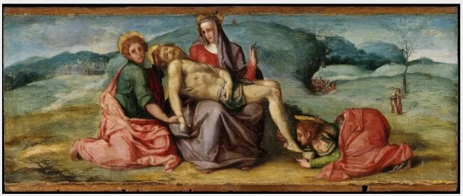 Set of three panels: The Pietà, Saint Apollonia and Saint Peter, by Maso da San Friano, unspecified, 1561
