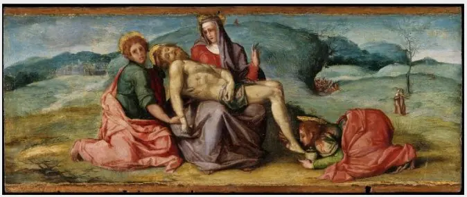 Set of three panels: The Pietà, Saint Apollonia and Saint Peter, by Maso da San Friano