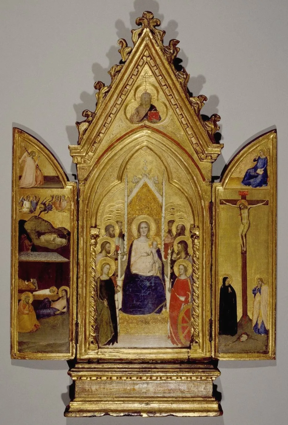 Triptych: Madonna with Saints and Christ Blessing (Center); The Nativity and the Annunciate Angel (Left Wing); Crucifixion and the Virgin Annunciate (Right Wing), by Maso di Banco, tempera, 1336