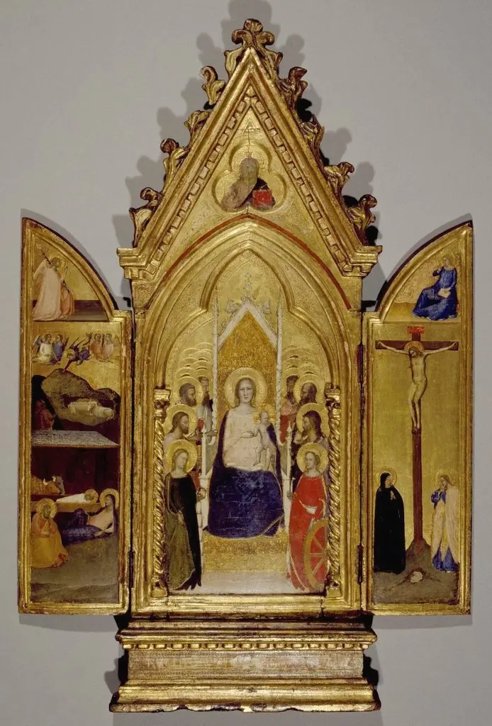 Triptych: Madonna with Saints and Christ Blessing (Center); The Nativity and the Annunciate Angel (Left Wing); Crucifixion and the Virgin Annunciate (Right Wing), by Maso di Banco