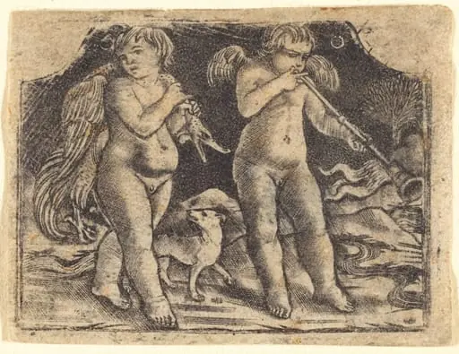 Cupid carrying a fowl accompanied by a dog, and another cupid playing a trumpet, by Maso Finiguerra