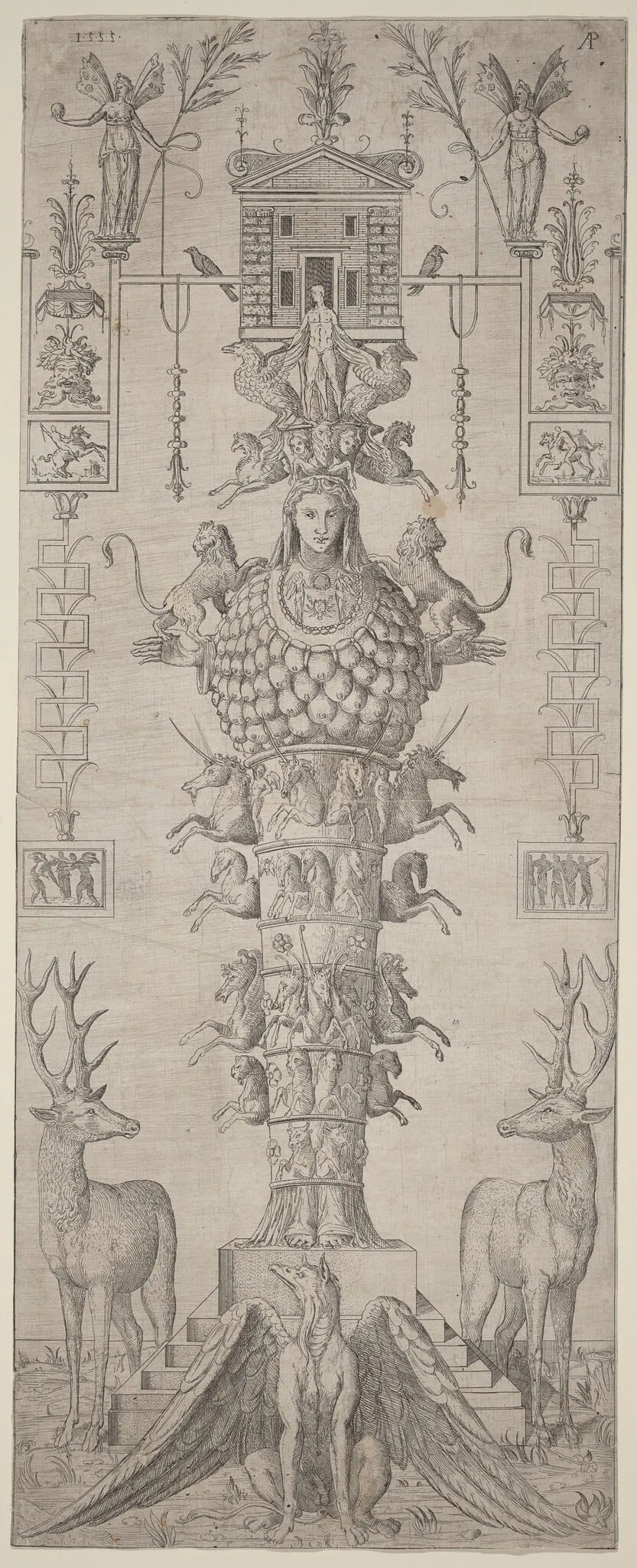 A Grotesque with Diana of Ephesus and Diverse Animals, by Master AP, ink, 1555