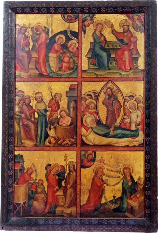 3 Scenes from the Life of Saint John the Evangelist; 3 Scenes from the Life of the Virgin (triptych altarpiece, left wing, outer), by Master Bertram, unspecified, 1400