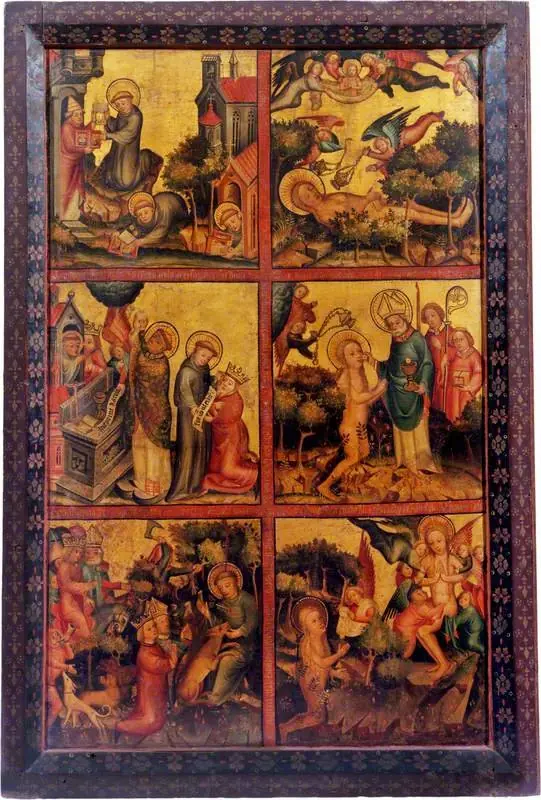 3 Scenes from the Life of St Giles; 3 Scenes from the Life of Saint Mary Magdalen (triptych altarpiece, right wing, outer), by Master Bertram