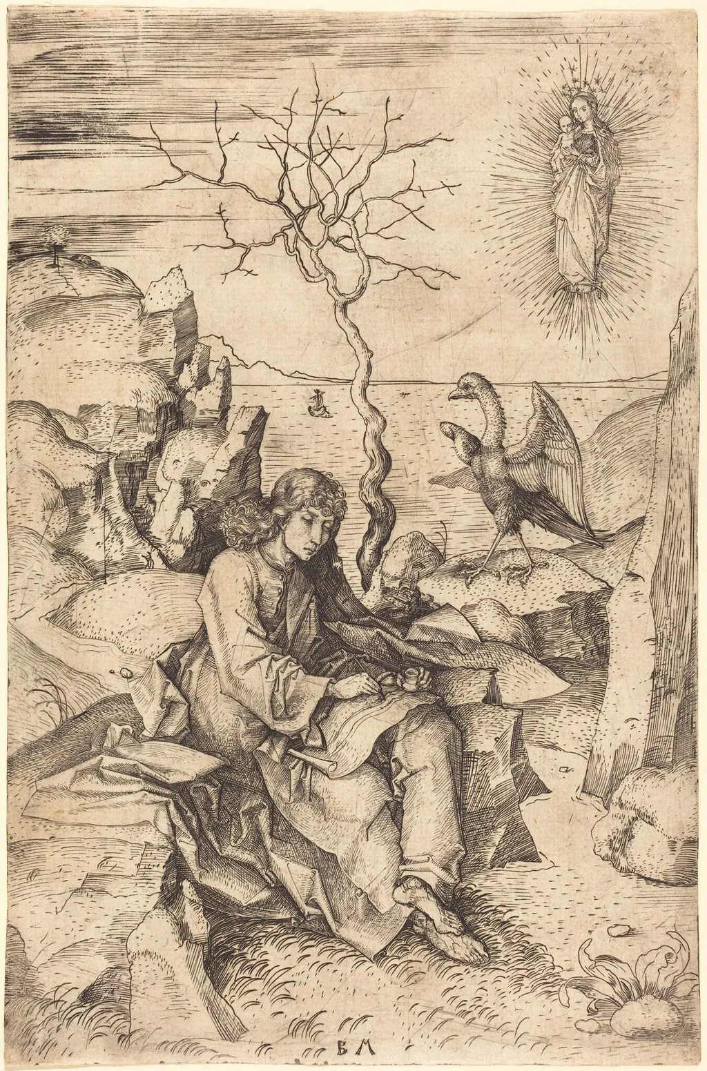 Saint John on Patmos, by Master BM, ink, 1485