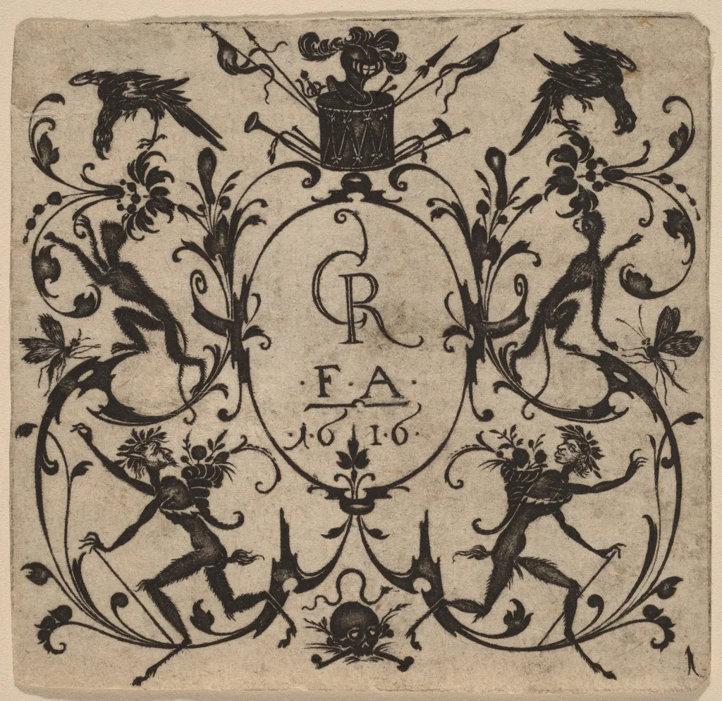 Ornament with Grotesque, by Master CR, ink, 1616