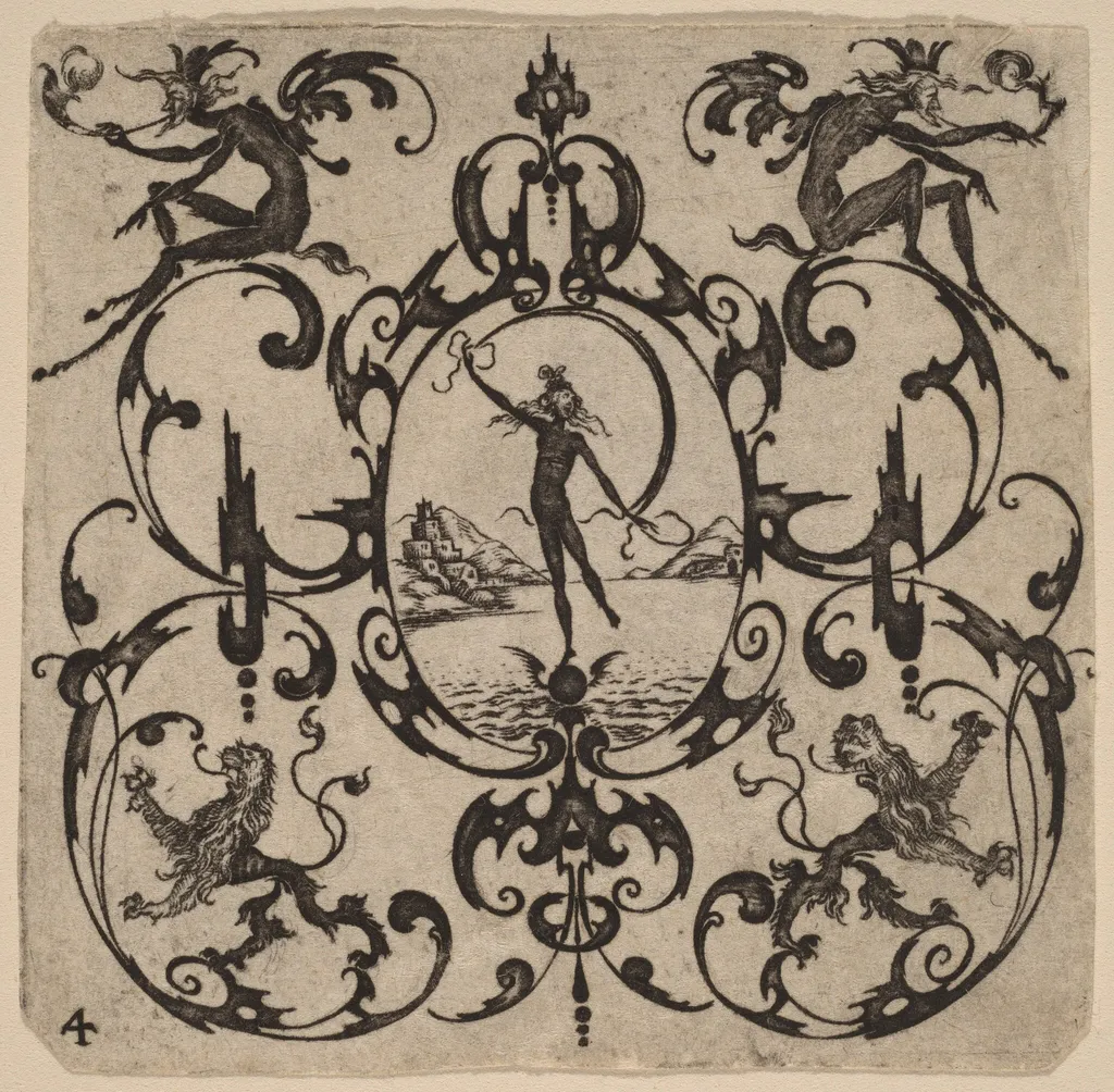 Ornament with Grotesque, by Master CR, ink, 1616