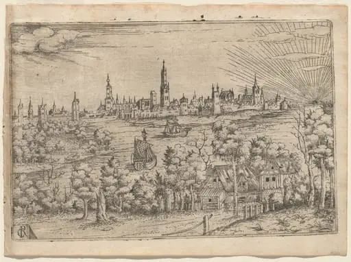 View across a River to a Walled City at Sunset, by Master CR