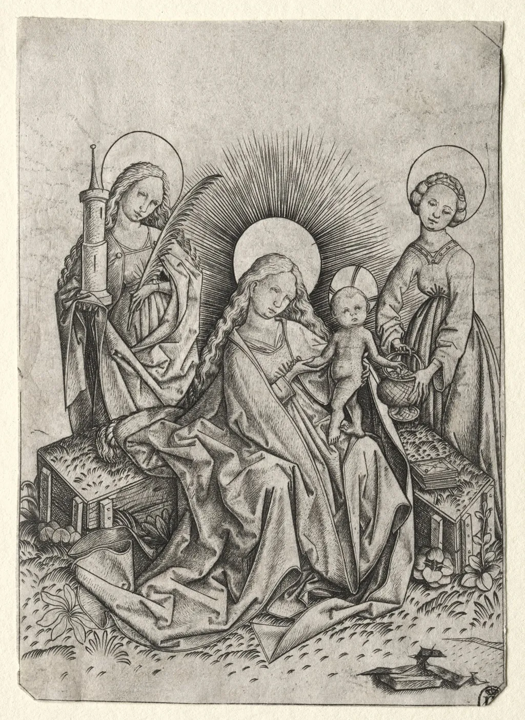 Madonna and Child in a Garden between St. Barbara and st. Dorothy, by Master E.S., 1458
