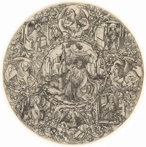 Saint John the Baptist in the Wilderness with the Lamb of God, Surrounded by the Symbols of the Evangelists and the Four Fathers of the Church, by Master E.S.