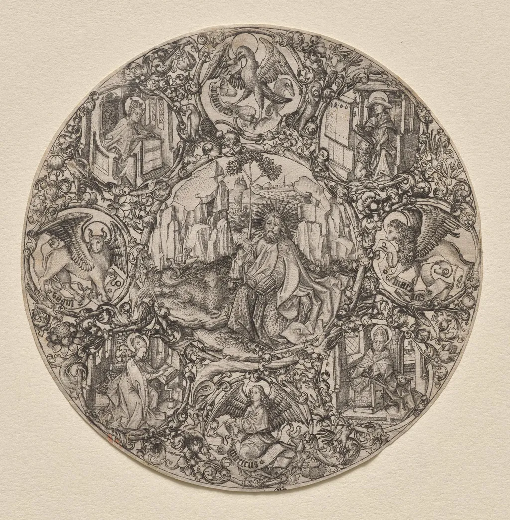 St. John the Baptist Surrounded by the Evangelists and Four Fathers of the Latin Church, by Master E.S., 1466