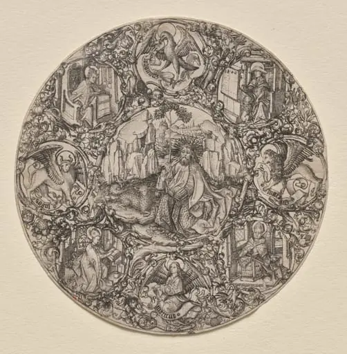 St. John the Baptist Surrounded by the Evangelists and Four Fathers of the Latin Church, by Master E.S.