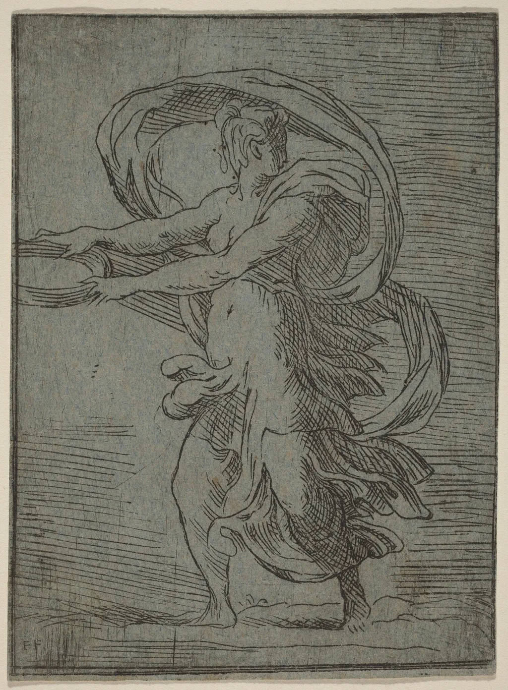 Woman Carrying a Tray, by Master F.P., ink, 1528