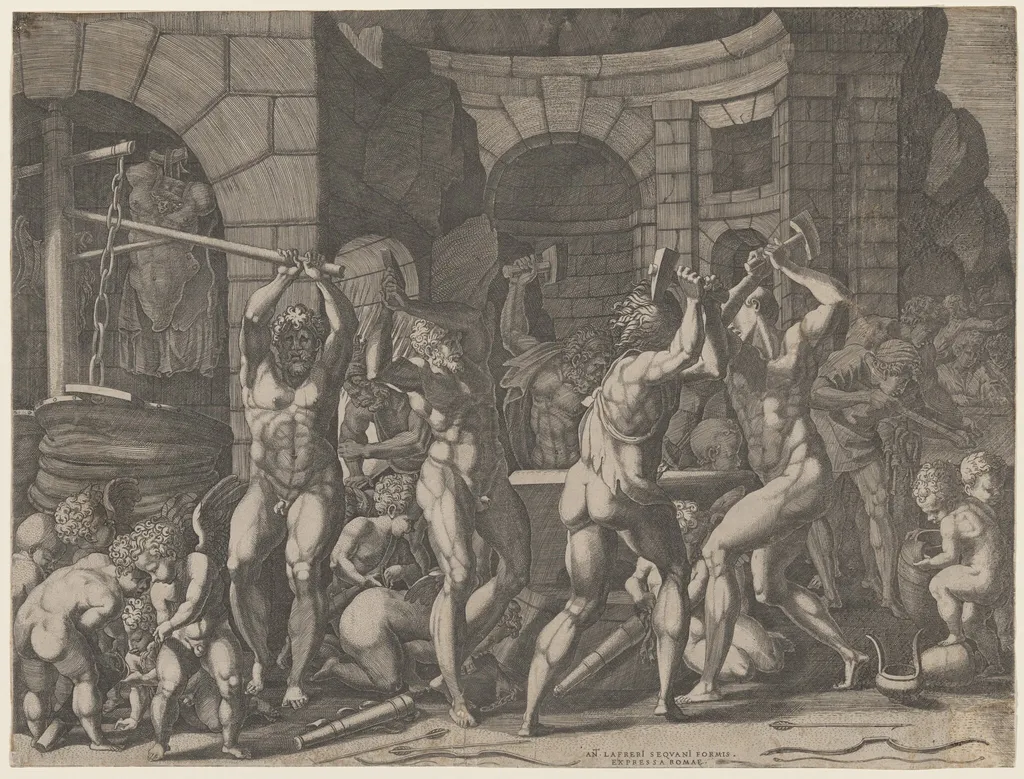 Vulcan and Cyclops Forging Cupid's Arrows, by Master FG, ink, 1544
