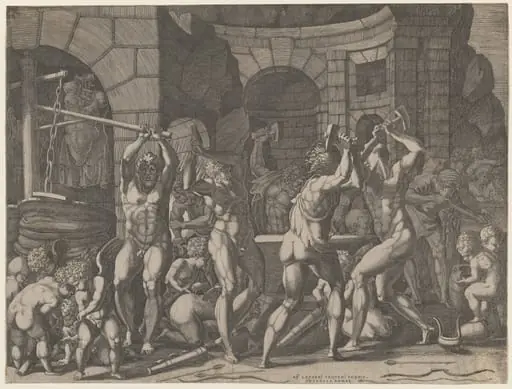 Vulcan and Cyclops Forging Cupid's Arrows, by Master FG