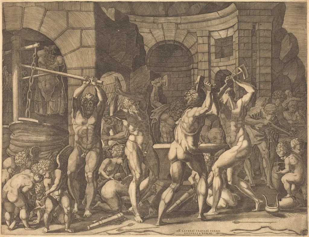 Vulcan and the Cyclopes Forging Arrows, by Master FG, ink, 1526