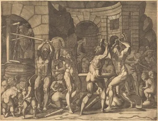Vulcan and the Cyclopes Forging Arrows, by Master FG