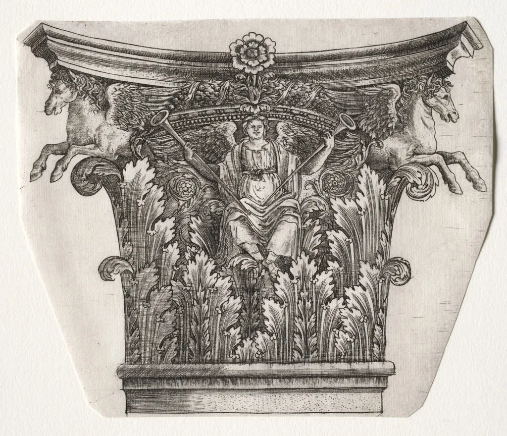 Base and Capital with Figure of Fame and Winged Horses, by Master G. A. with the man-trap, 1538