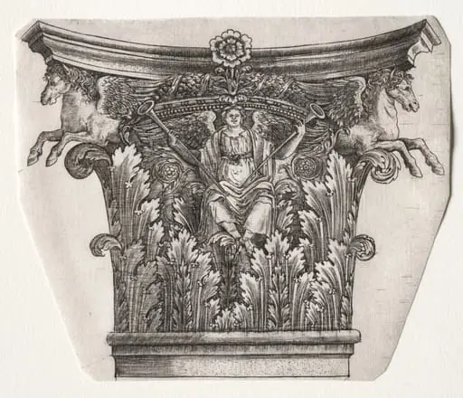 Base and Capital with Figure of Fame and Winged Horses, by Master G. A. with the man-trap