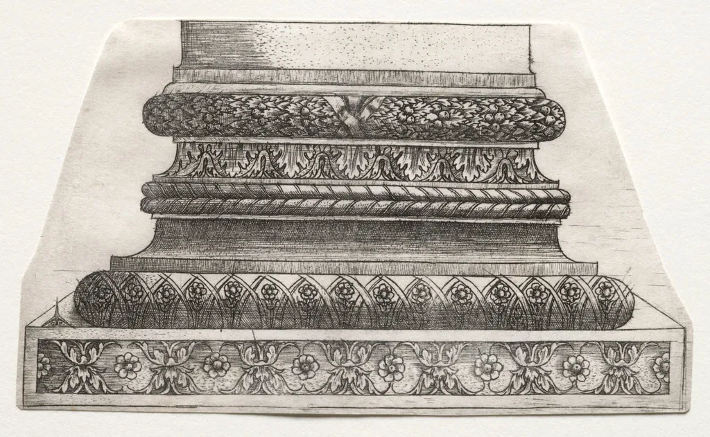 Base and Capital with Figure of Fame and Winged Horses (base), by Master G. A. with the man-trap, 1538
